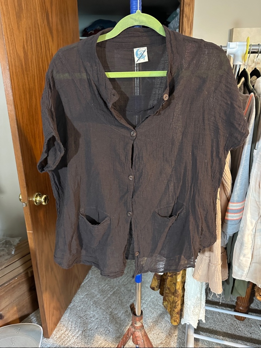 Lightweight Brown Button-Front Women's Top - Casual Pocket Shirt - jaded Gypsy